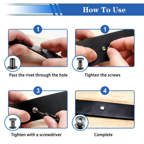 260Pcs Black Chicago Screws And Leather Rivet Kit In 7 Sizes assembly steps for DIY craft with nickel coated fasteners