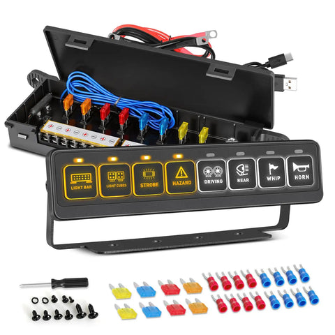 Wireless 8 Gang Switch Panel For Trucks SUVs UTVs And Boats with LED touch panel and accessory kit displayed