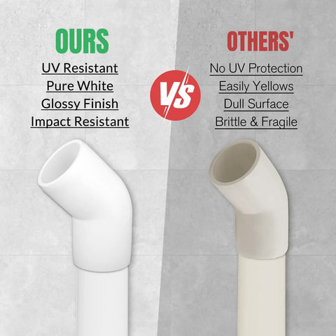 Comparison of white three quarter inch PVC pipe fittings 135 degree elbows, furniture grade, highlighting UV resistance and durability vs others.