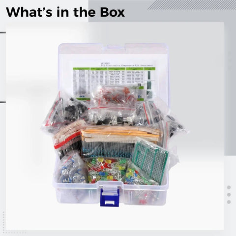 Open box of Dope 1818-Piece Electronics Component Kit with LEDs, resistors, capacitors, and PCB board neatly organized.