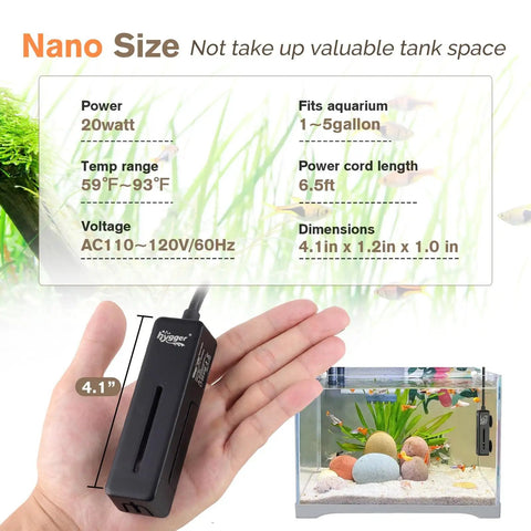 Hand holding Mini Fish Tank Submersible Heater 20W For 1 To 5 Gallons With Digital Display Controller next to aquarium.