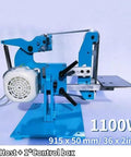 Workhorse 1100W Brushless Belt Sander Built Like A Tank For Wood Metal Grinding Sanding Polishing With Variable Speed Bidirectional Handle, blue base and control box visible.