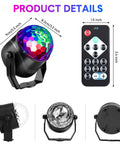 Six Pack Disco Ball Party Lights RGB DJ Strobe Light With Remote Control Plug In for home parties, dimensions shown.