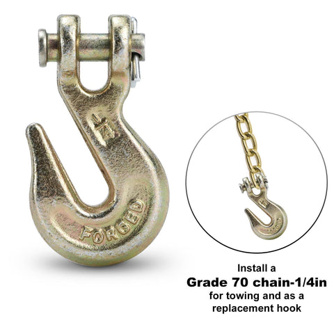 Rugged Heavy Duty One Quarter Inch Clevis Grab Hook For Grade 70 Chain 3600 Lbs WLL, shown with chain attachment.