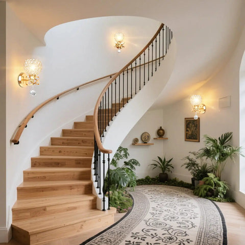 Elegant staircase with Two Pack Crystal Wall Sconces Modern Bedside Lights With E26 Sockets Hardwired Wall Mounts in hallway