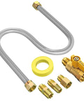 All In One Gas Appliance Hook Up Kit With Twenty Four Inch Flexible Stainless Steel Gas Line And One Half Inch Brass Shut Off Valve With Fittings For Tankless Water Heaters Dryers Stoves And Ranges Install showing components and fittings