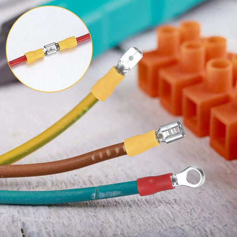 Close-up of Assorted 280 Piece Electrical Cable Connectors Kit with insulated wire terminals, including various terminal types.