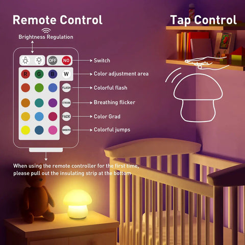 Rechargeable Mushroom Night Light With Tap And Remote Control Cordless Multicolor LED Nightlight beside crib