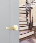 Close-up of Six Piece Satin Brass Gold Door Handle Set With Passage Levers Without Lock For Interior Doors Built To Last Heavy Duty Levers