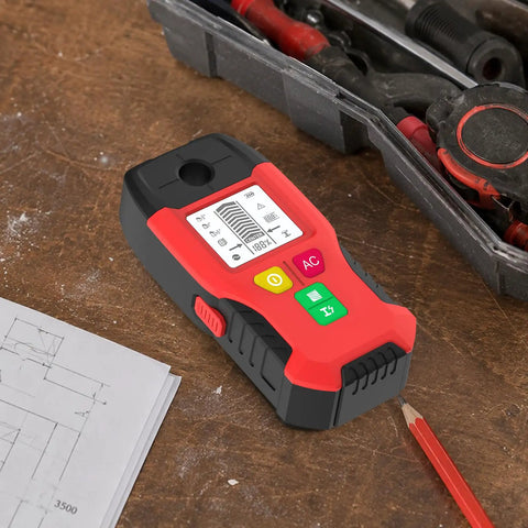 Stud Finder 6-in-1 Wall Scanner Metal Detector Live Wire(Red) on wooden desk with tools and blueprints.