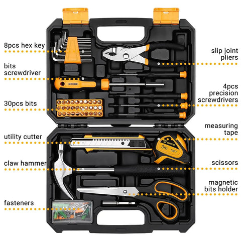 Open All Purpose Home Tool Kit With Plastic Toolbox Storage Case 50 Piece Essential Set For DIY Projects, displaying tools.