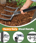46 Inch Long Heavy Duty Garden Fork With 35 Inch Metal Handle And 4 Tine Carbon Steel Head in mulch with handle details
