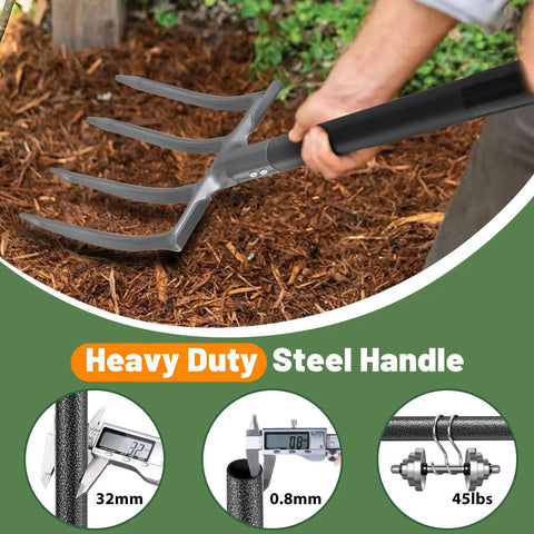 46 Inch Long Heavy Duty Garden Fork With 35 Inch Metal Handle And 4 Tine Carbon Steel Head in mulch with handle details