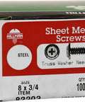 Pro Level Self Piercing Lath Screws Gauge 8 By Three Quarter Inch Modified Truss Head Phillips Drive Zinc Coated 100 Pack Thin Metal Duct Work Hardware Quick Install No Sweat Setup box showing 8x3/4 inch screws.