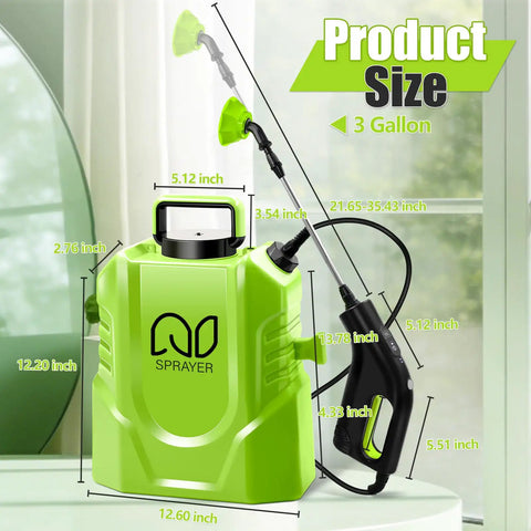 Cordless Backpack Sprayer 3 Gallon With Digital Display And Adjustable Pressures Electric Pump Sprayer With Two Point Two Amp Hour Battery Telescopic Wand Five Nozzles For Yard And Garden No Fuss Easy To Use Long Battery Life shown with dimensions