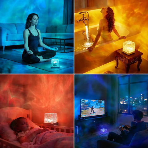Ocean Wave Projector Light With 16 RGB Colors And Four Modes, Remote Control, illuminating various rooms with ambient lighting.