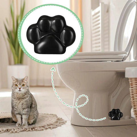 Decorative Paw Print Toilet Bolt Caps Black 2 Pack Cute Bathroom Screw Covers Sleek Matte Finish on toilet with cat.