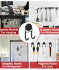 Heavy Duty Magnetic Hooks 50 Lbs Plus Set Of Four Swivel Hooks for kitchenware, tools, and refrigerator use with inverted storage option, black.