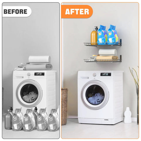Two Pack 12 By 24 Inch Wall Mounted Shelves For Garage Closet And Laundry Room Heavy Duty Floating Shelves With Durable L Shaped Brackets Holds Up To 60 Lbs Easy 16 Inch Stud Installation Black installed above a washing machine, organizing detergent and supplies.