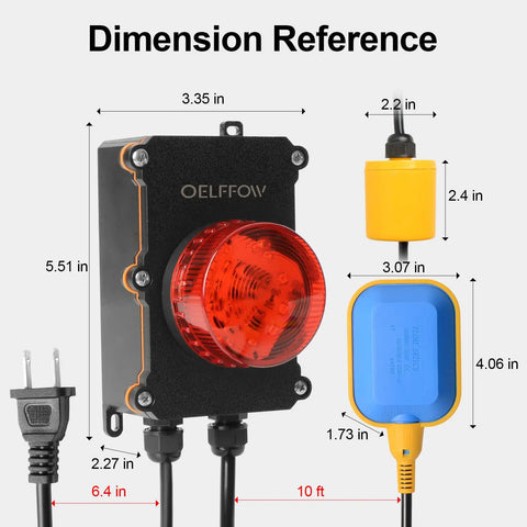 Sump Pump Alarm With Tethered Float Switch 105 To 110 dB Loud Alarm And Flashing LED Indicator 10 Ft Level Float Switch with measurements