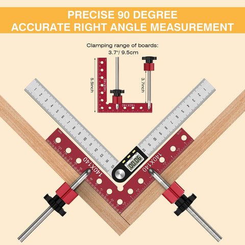 Pro Grade Corner Clamp Set For Woodworking 90 Degree Right Angle Clamps Aluminum Alloy With Extended Five And A Half Inch By Five And A Half Inch Clamping Range Four Pack For DIY Picture Frames Boxes Cabinets And Drawers showing precise measurement with digital display