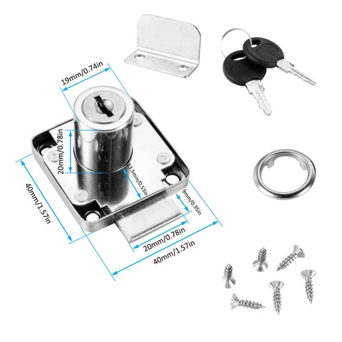 Heavy Duty Cabinet Drawer Locks With Keys Four Pack, galvanized steel, 3/4 inch cylinder, includes keys and installation screws.