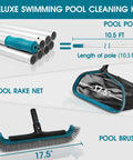 Components of All In One Pool Cleaning Kit With Ten Foot Adjustable Aluminum Pole Seventeen And A Half Inch Skimmer Net And Curved Wall Brush