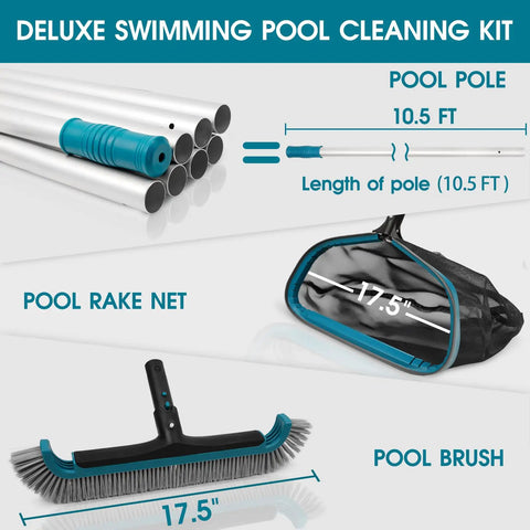 Components of All In One Pool Cleaning Kit With Ten Foot Adjustable Aluminum Pole Seventeen And A Half Inch Skimmer Net And Curved Wall Brush