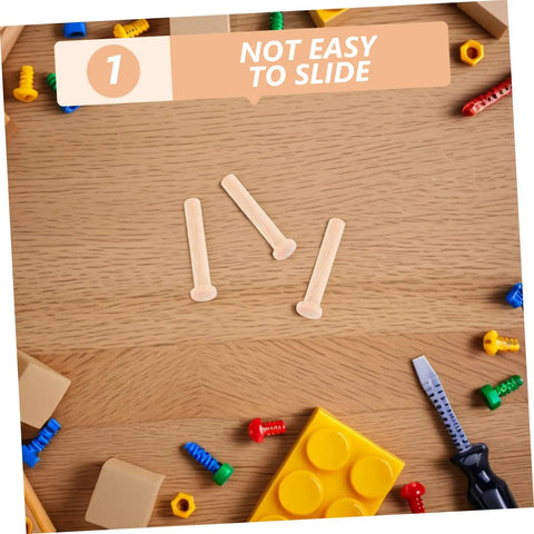 20 Piece Miniature Solid Wood Nails For Crafting And Woodworking T Shaped Round Pegs on wooden surface with tools