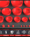 Red 23 Piece Automotive Cap Plugs Kit for Smoke Machine Leak Testing and Pipeline Sealing displayed on a textured surface