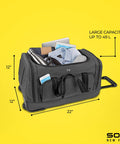 49L rolling travel duffle bag with wheels and telescoping handle, filled with essentials, perfect for travel and getaways.