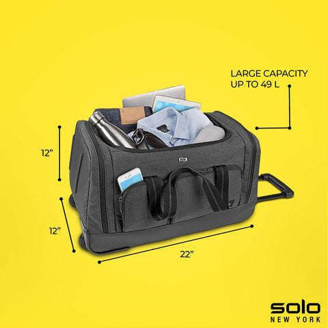 49L rolling travel duffle bag with wheels and telescoping handle, filled with essentials, perfect for travel and getaways.