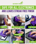 Images showing cleaning different electronic screens with 1 Gallon Screen Cleaner Refill With Dispensing Tap For Streak Free Screens.