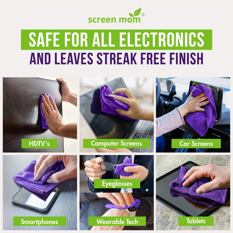 Images showing cleaning different electronic screens with 1 Gallon Screen Cleaner Refill With Dispensing Tap For Streak Free Screens.