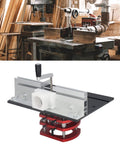 Heavy Duty Router Lift Base With Precision Top Plate Insert For Woodworking Slotting Trimming Chamfering Table Adjustment System Heavy Hitter, detailed view with red base and silver top plate.