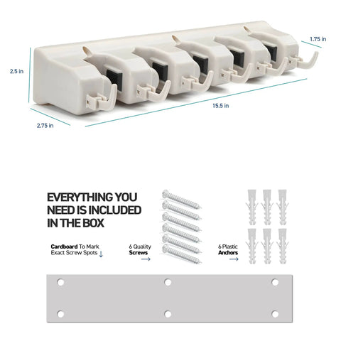 Mop And Broom Holder Wall Mount With Five Slots And Six Hooks, Heavy Duty Garage Organizer For Home Kitchen Closet Laundry Room Off White, 7.5 Lb Capacity Per Slot shown with included mounting accessories.