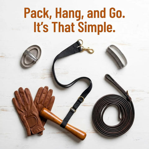Equestrian gear including gloves, grooming tools, and Portable Saddle T Hanger For Car And Trailer Heavy Duty Headrest Saddle Rack Organizer.
