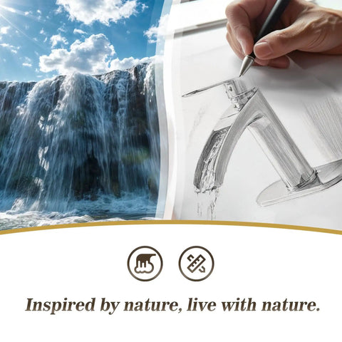 Oil Rubbed Bronze Waterfall Bathroom Sink Faucet sketch with nature-inspired waterfall background