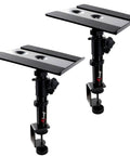 Clamp On Desk Speaker Stands For Dual Monitors, Height Adjustable Tilt, Desktop Mounts, fits 5 to 6 inch speakers on metal platforms