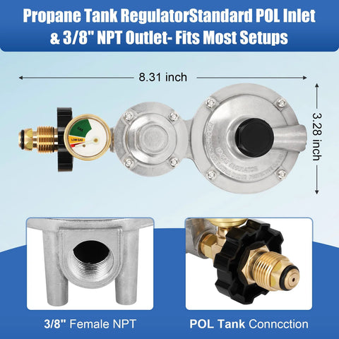 Feikeer vertical two-stage propane regulator with POL inlet, gauge, and 3/8 in NPT outlet for 20–100 lb tanks