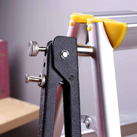 Close-up of a Beefy Heavy Duty Blind Rivet Nut Tool Kit with Hand Riveter attached to a metal ladder.