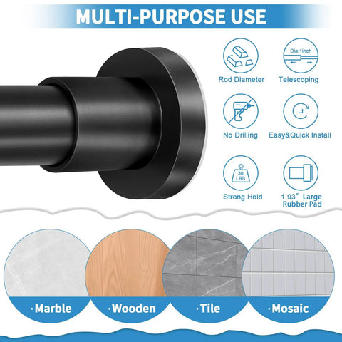Black Adjustable Shower Curtain Rod 36 To 84 Inches Stainless Steel Non Rust Spring Tension No Drilling Non Slip Durable Waterproof Finish Easy Install For Bathroom And Window showcasing multi-purpose use details.