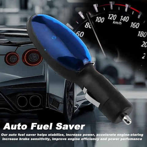Plug In Fuel Saver Device For Cars, Easy 12V Socket Installation, Universal Plug And Play Gas Saver System, shown against a car and speedometer.