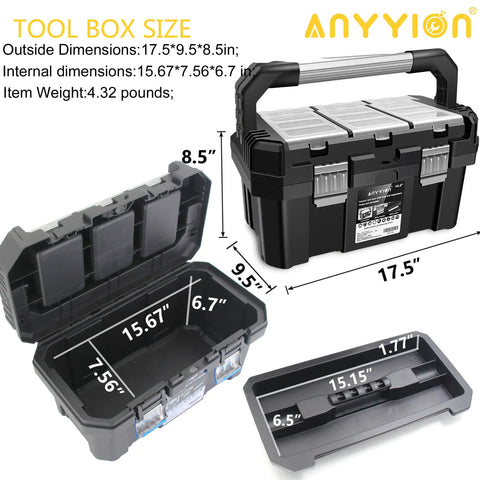 17 Inch Tool Box With Removable Tray And Stainless Steel Dual Lock dimensions and features diagram