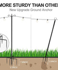Illustration comparing 2 Pack 9 Foot Outdoor String Light Poles with adjustable metal stand and sturdy 5 prong spiral ground anchors.