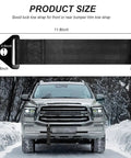 Hella Durable JDM Tow Strap For Cars Dope Nylon Bumper Hook Belt With Steel Buckle Heavy Duty Trailer Towing Rope displayed on a truck in snow.