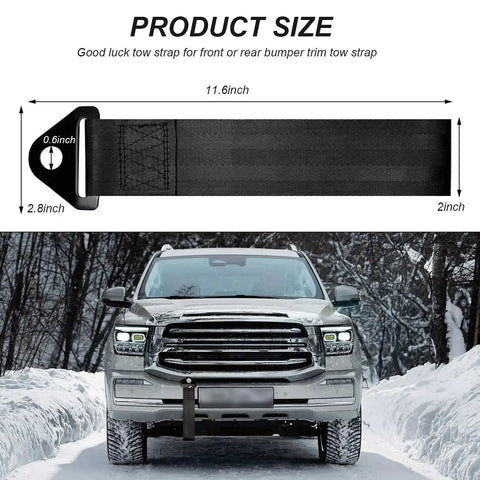 Hella Durable JDM Tow Strap For Cars Dope Nylon Bumper Hook Belt With Steel Buckle Heavy Duty Trailer Towing Rope displayed on a truck in snow.