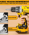 Electric drill with screw extractor bits, labeled 'Screw Drill Bit' and 'Thread Extraction Head', from 6-Piece Damaged Screw Extractor Set.
