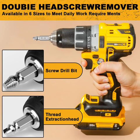 Electric drill with screw extractor bits, labeled 'Screw Drill Bit' and 'Thread Extraction Head', from 6-Piece Damaged Screw Extractor Set.