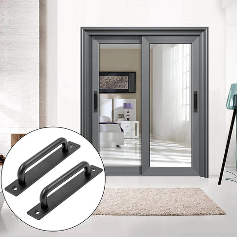 2 Pack Sliding Barn Door Handle Durable 5.9 Inch Aluminum Alloy Pull For Barn Door Gate Cabinet Closet Drawer Garage Shed Black Finish With 4 Mounting Screws Included front view with handles and doors